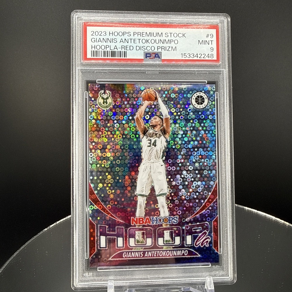 2023-24 Giannis Antetokounmpo Hoops Premium Stock Hoopla Red Disco /99 PSA 9